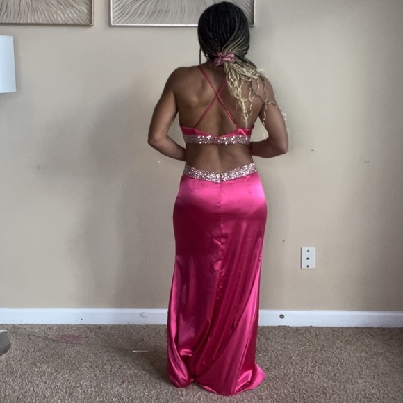 Cache Hot Pink and Silver Beaded Sequin Sexy Low Back Prom Evening Gown - Picture 5 of 15